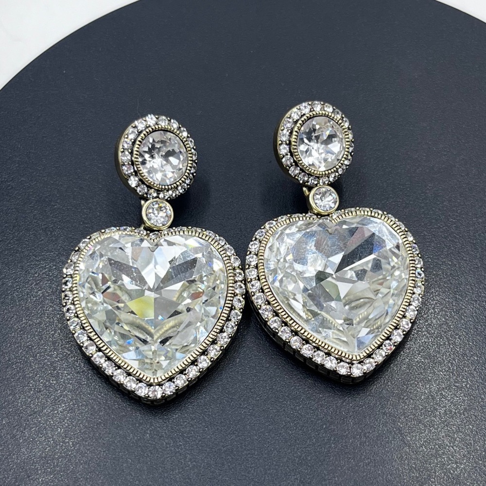 Heidi Daus Vintage Large Faceted Clear Heart Dangle Earrings